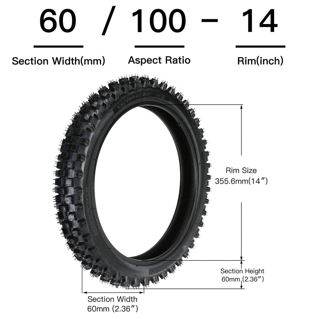 60/100-14 tire size diagram showing section width and 14-inch rim size