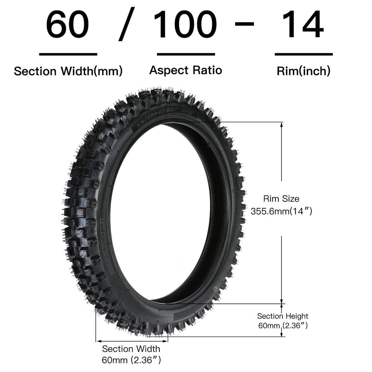 60/100-14 tire size diagram showing section width and 14-inch rim size