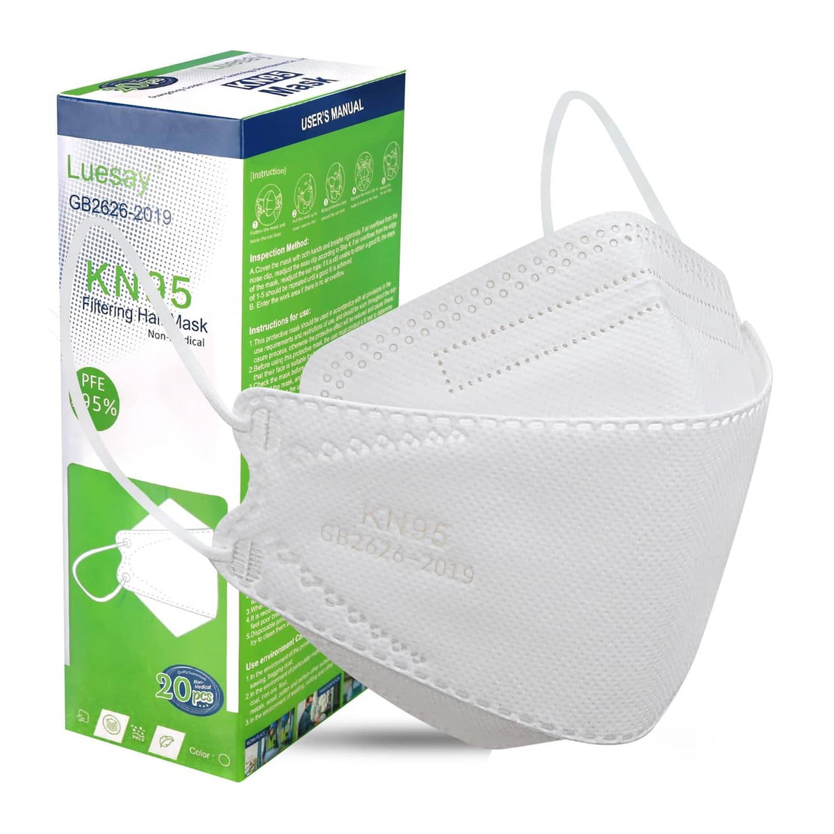 White KN95-style face mask and matching box, 20-pack