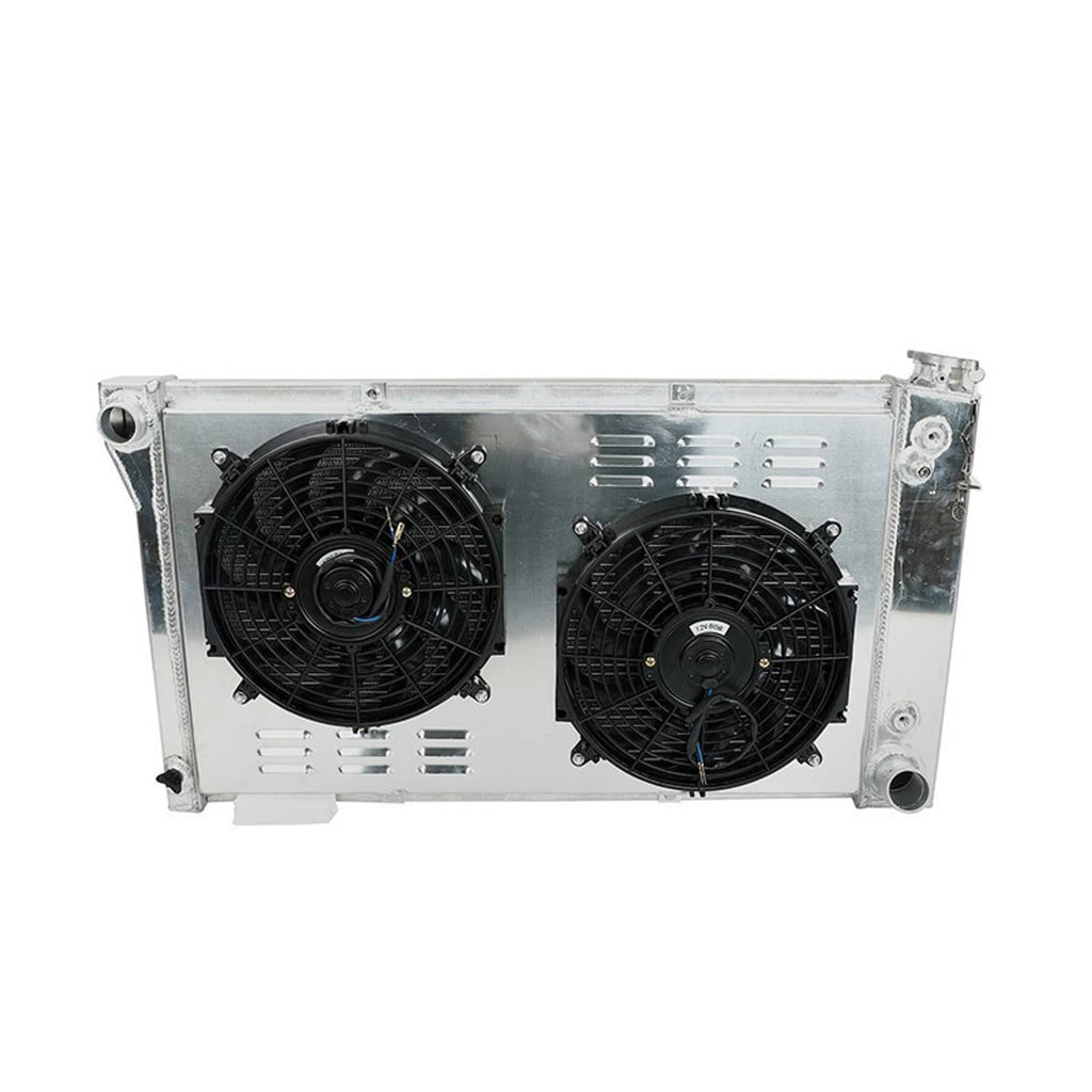 Dual-fan 4-row radiator with black fans and silver aluminum frame