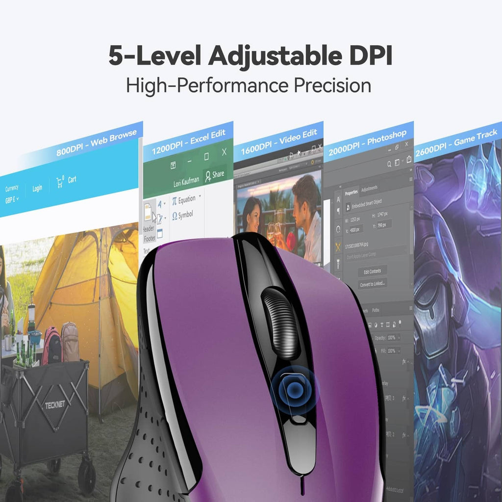 Purple and black ergonomic optical wireless mouse, top with scroll wheel