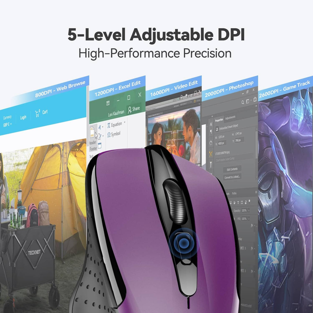 Purple and black ergonomic optical wireless mouse, top with scroll wheel