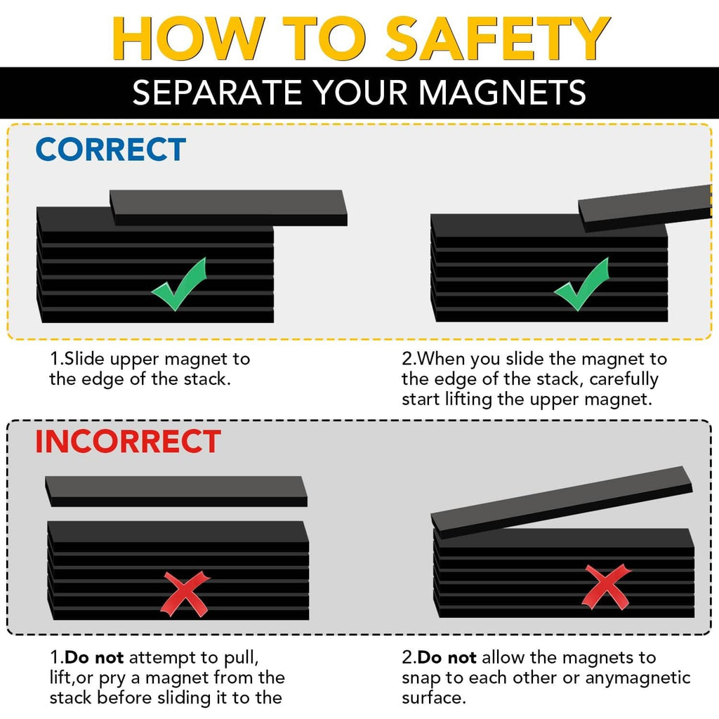 Black neodymium magnetic strips shown separated and aligned in rows