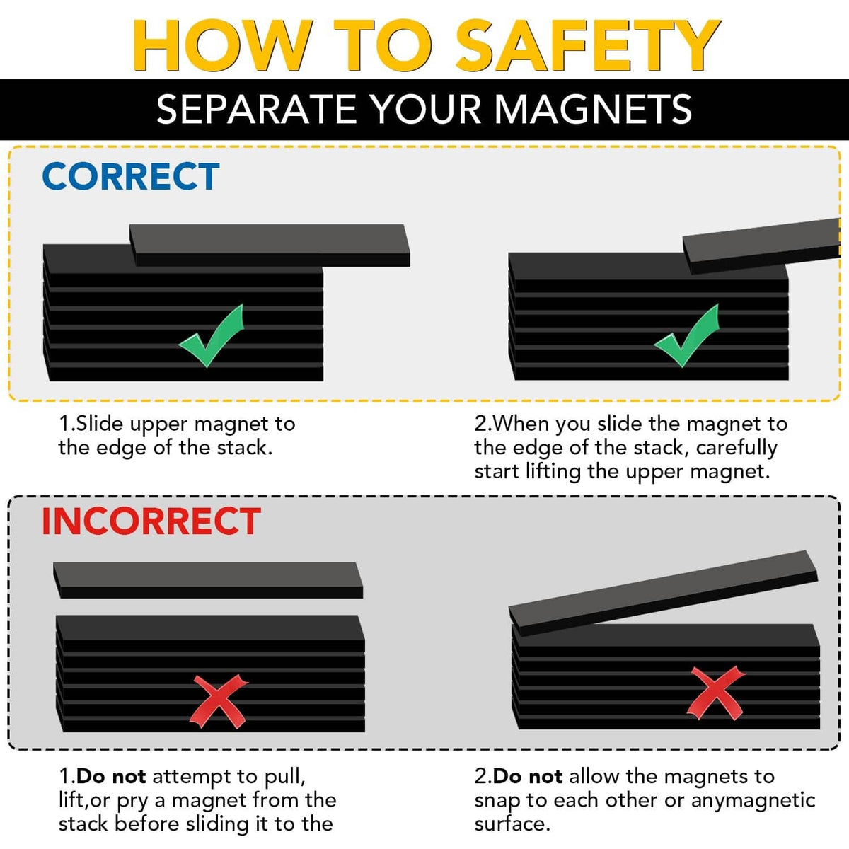 Black neodymium magnetic strips shown separated and aligned in rows