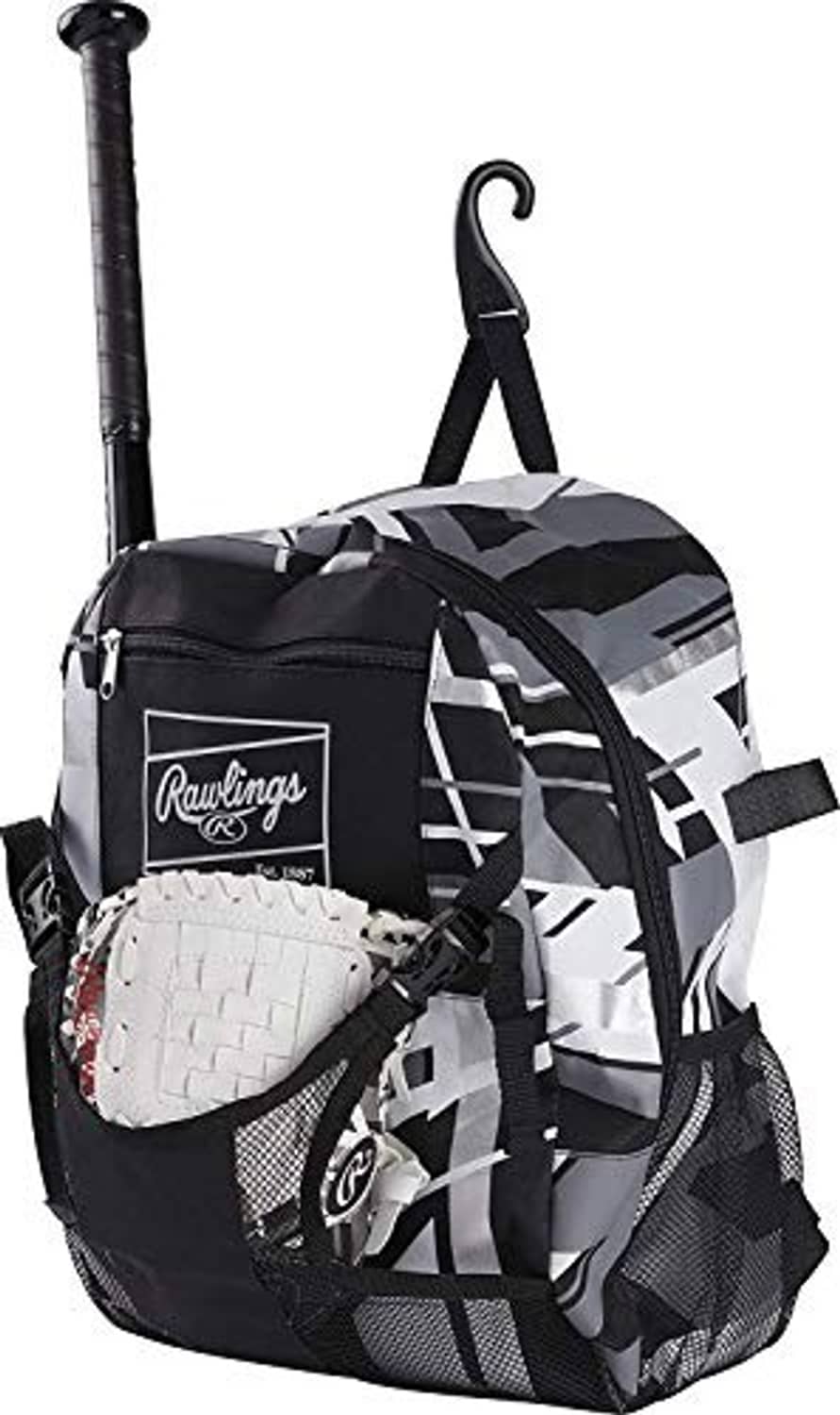 Baseball equipment backpack with black-and-white geometric print, front logo patch, and side mesh pocket.