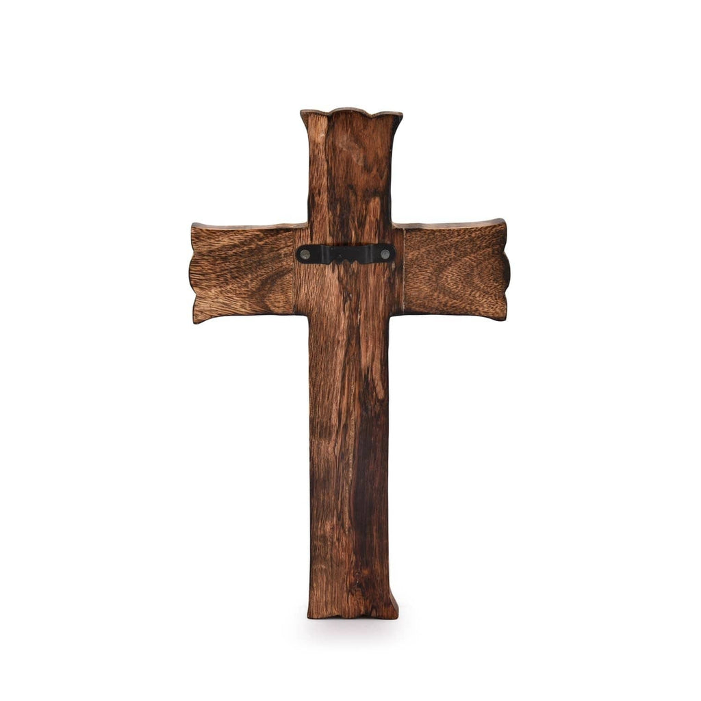 Wooden wall cross with dark brown grain and two metal hanging loops on the top bar