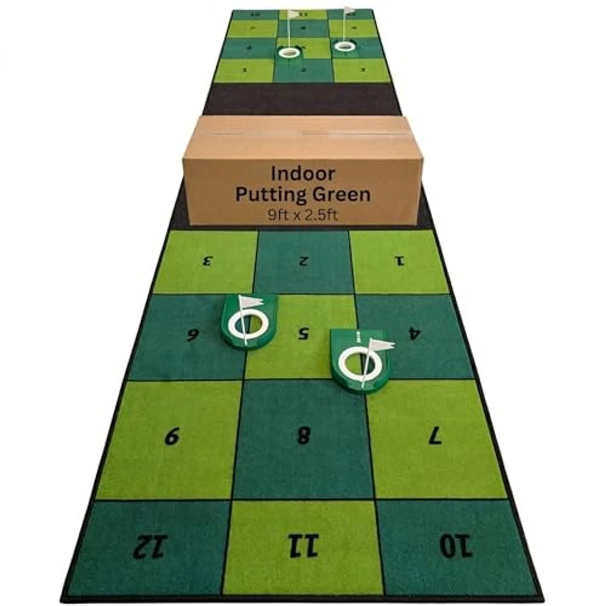 Indoor putting green mat with green-and-black playing area and four white cup targets