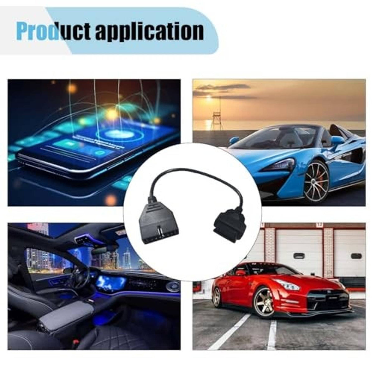 OBD adapter cable with gray and black diagnostic plug ends connected by a cord