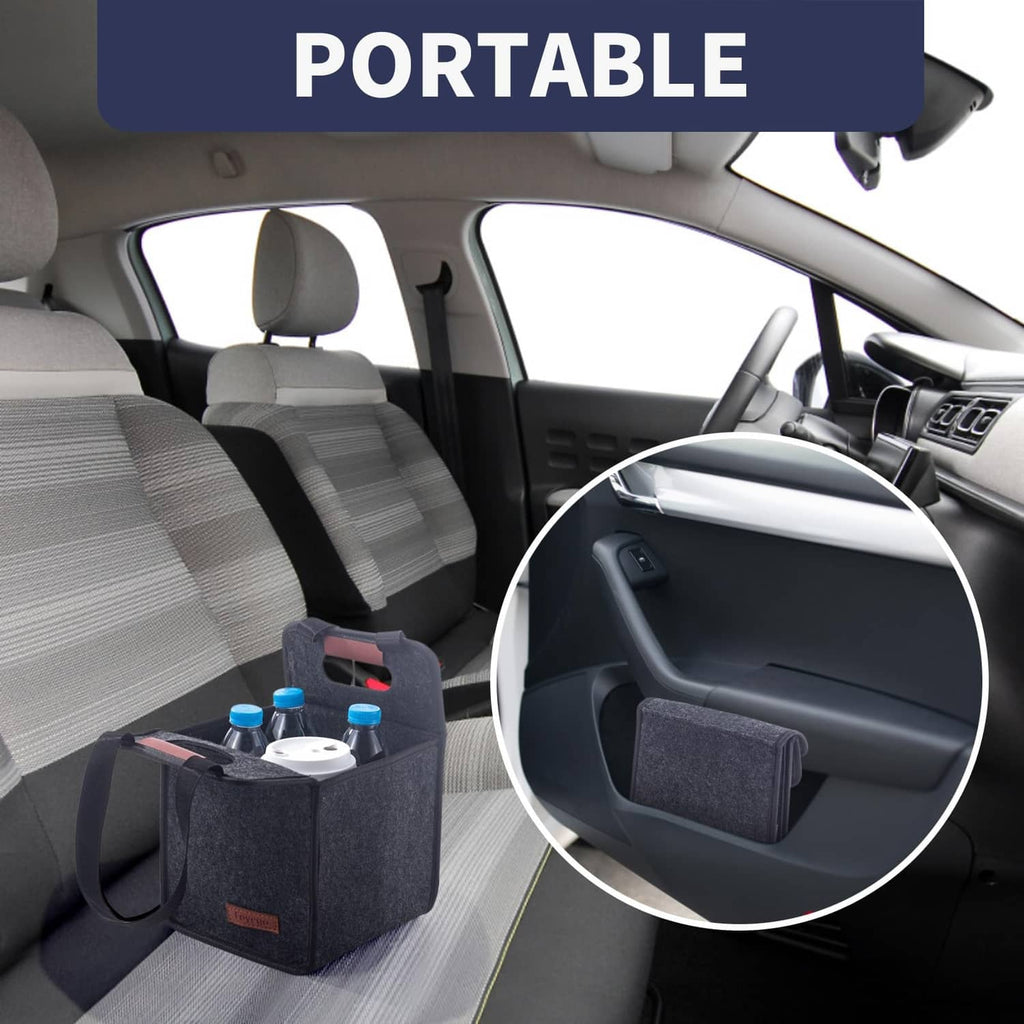 Dark gray portable drink carrier with handle sitting in a car seat area
