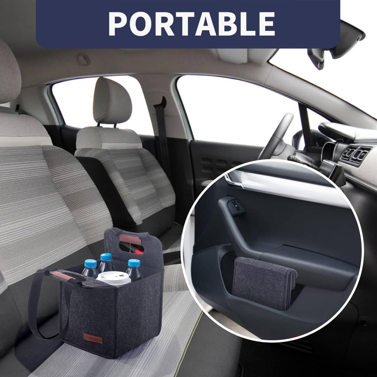 Dark gray portable drink carrier with handle sitting in a car seat area