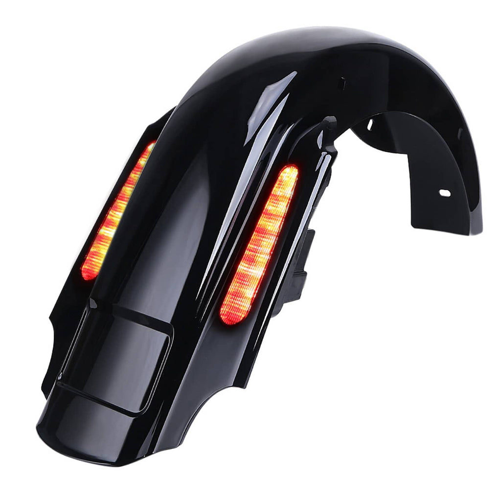 Black extended rear fender with illuminated red LED strip accents and side cover