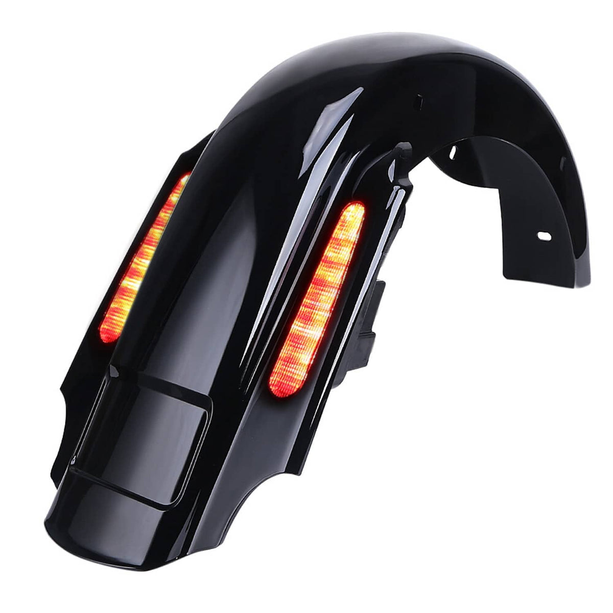 Black extended rear fender with illuminated red LED strip accents and side cover