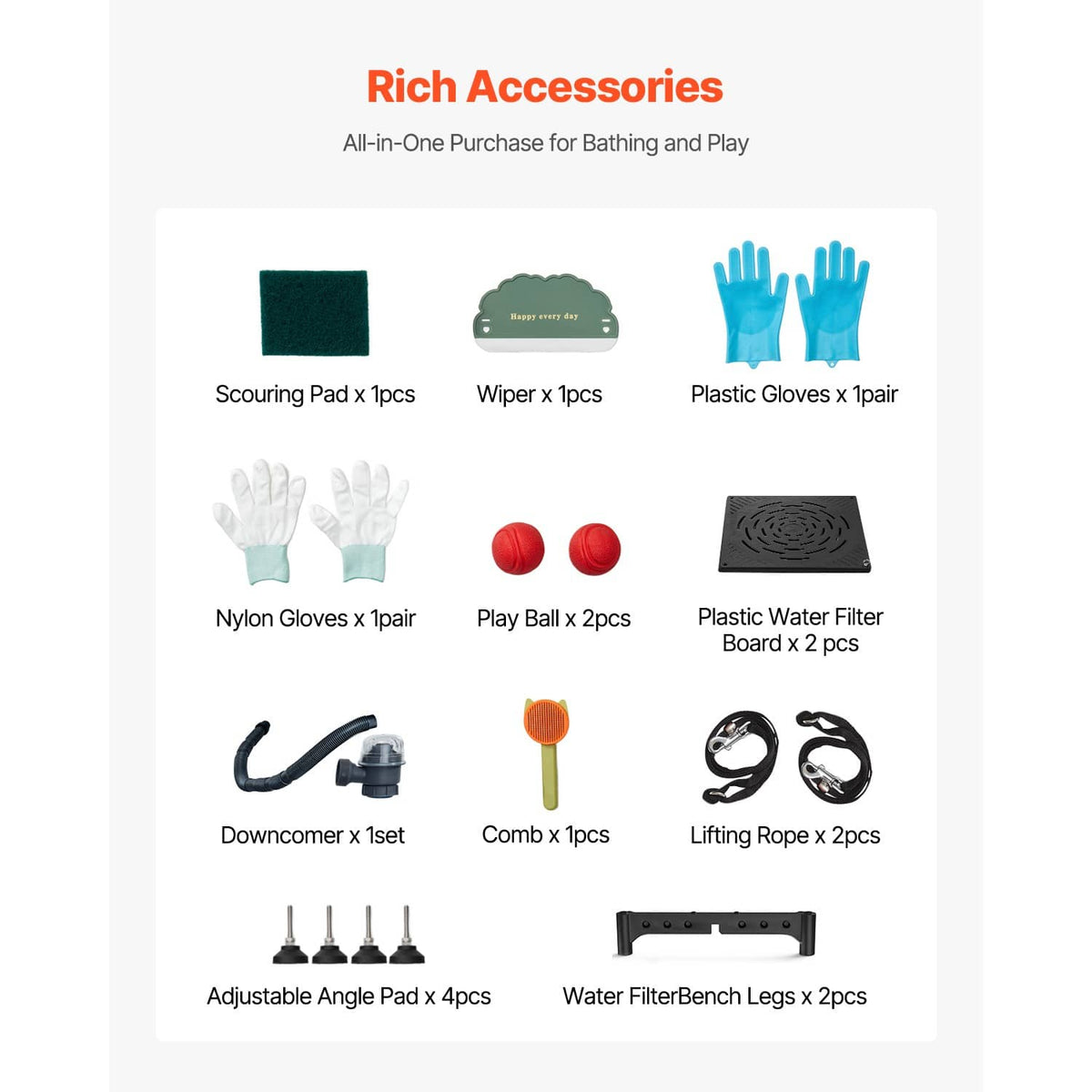 Grooming bath accessory kit with gloves, scouring pads, play ball, and water filter