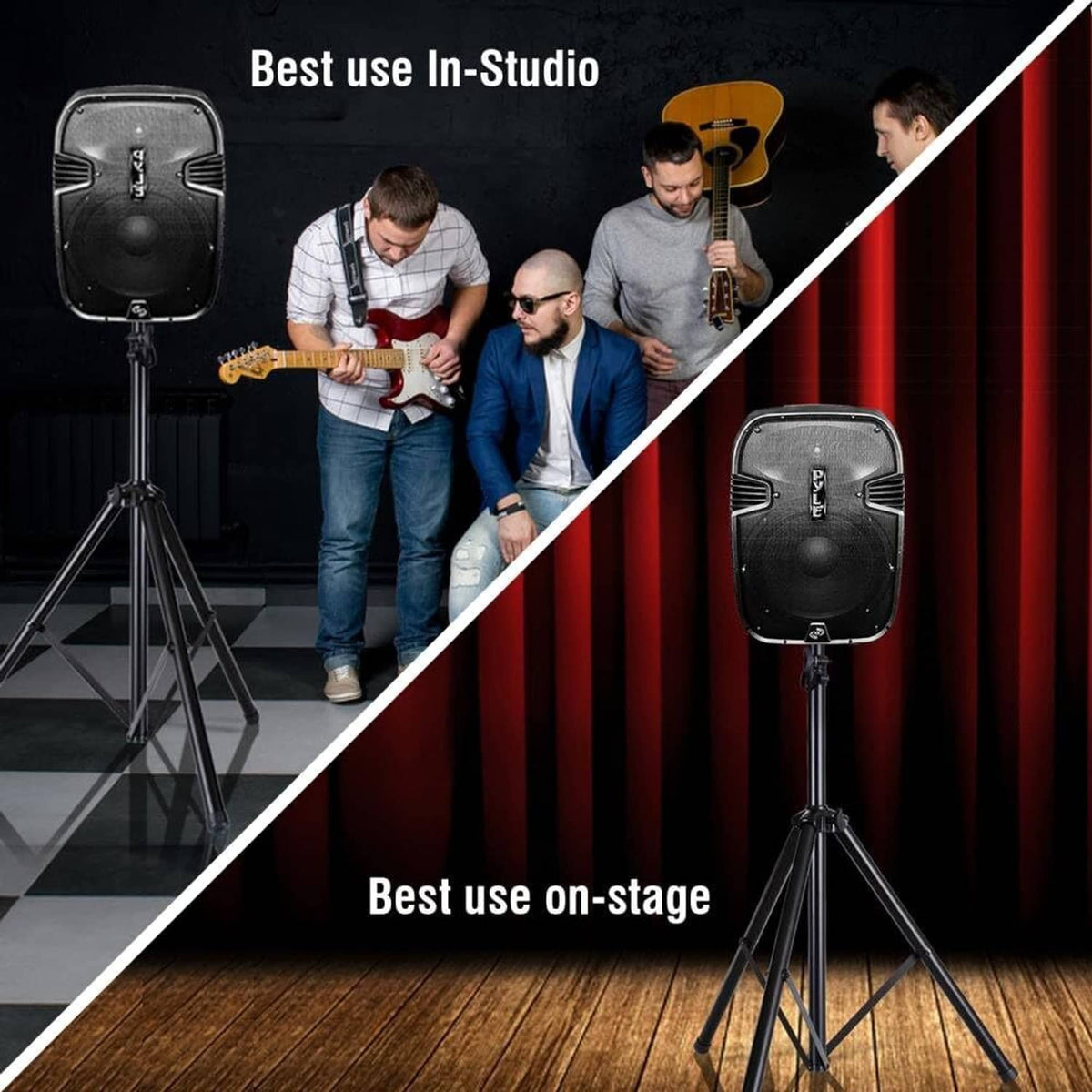 Tripod speaker stand with mounted black speaker and three-legged base
