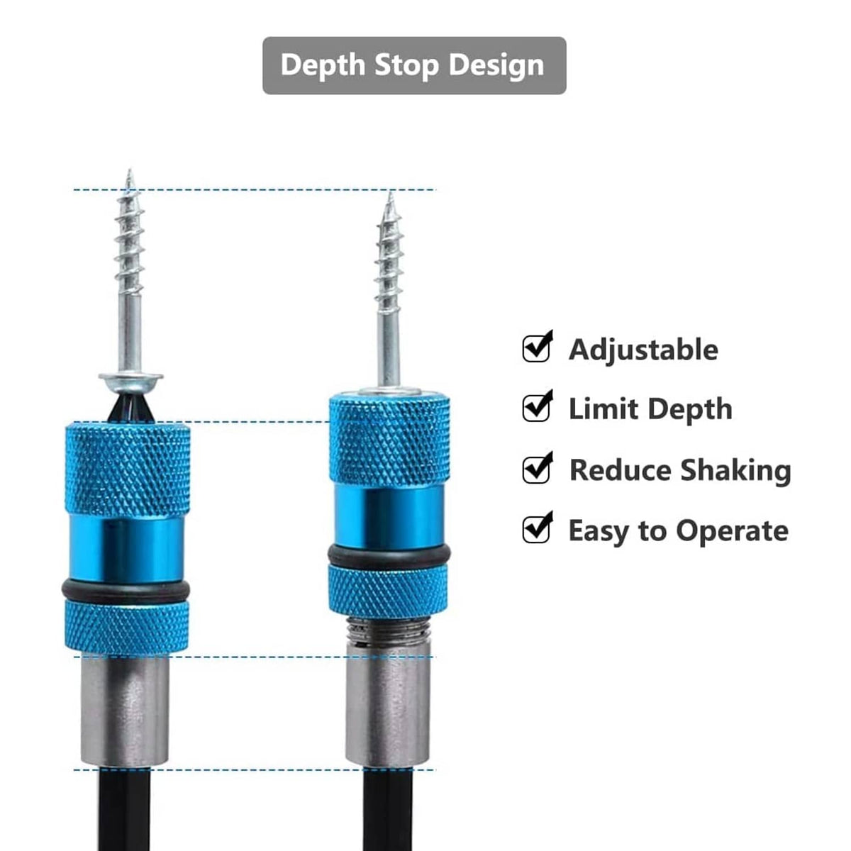 Blue depth-stop drywall bit holder with adjustable limit depth control, two views.