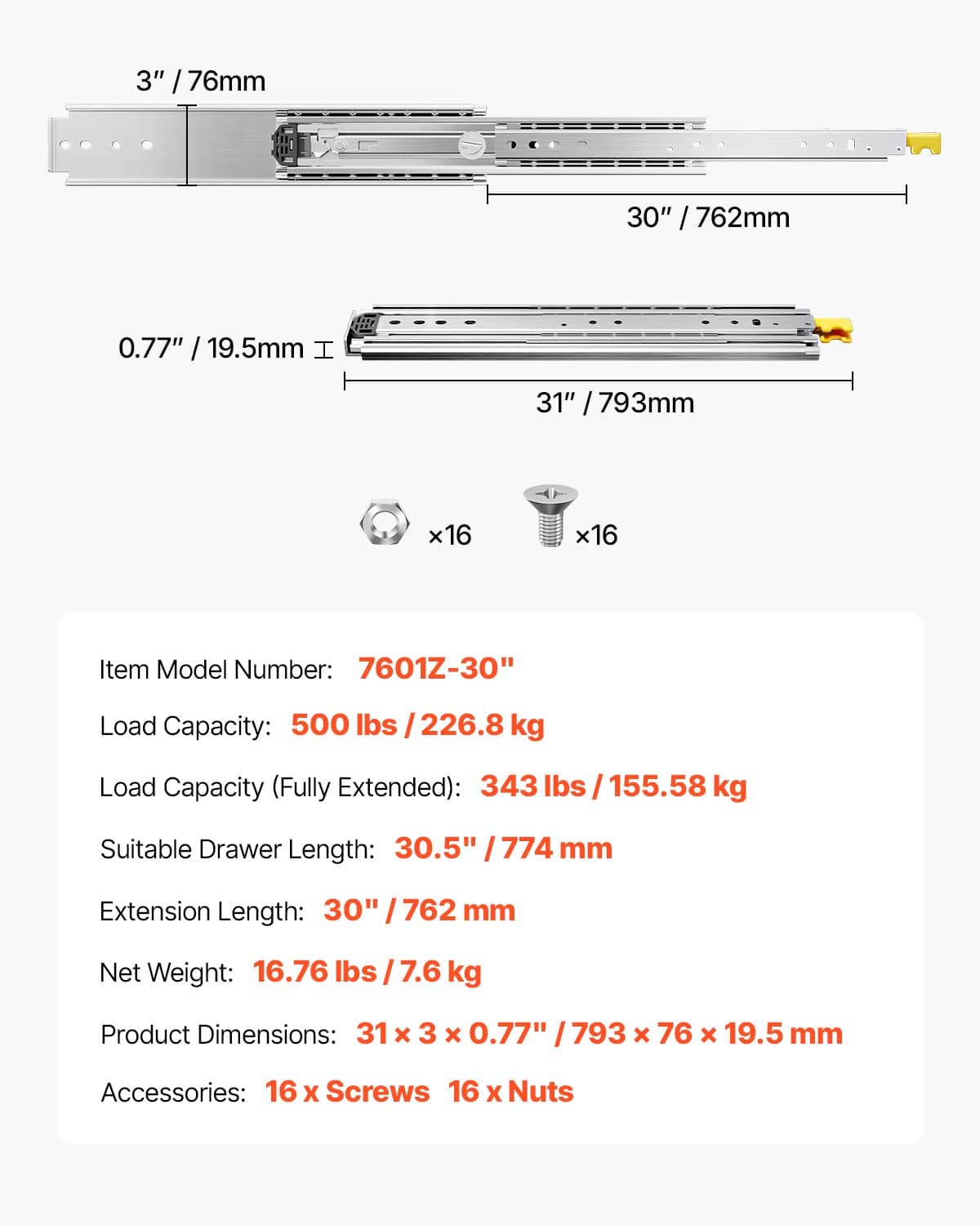 30-inch drawer slide hardware with dimensions, load ratings, and included screws and nuts