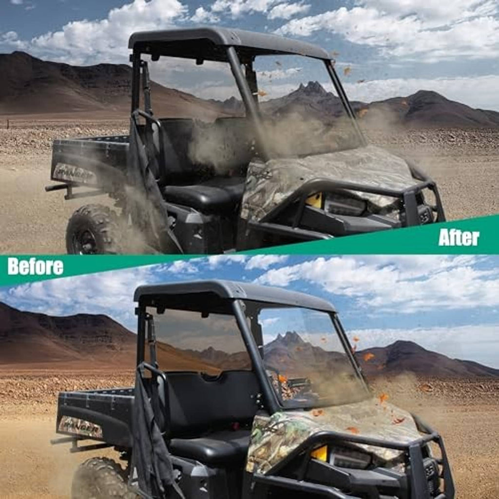 UTV with front full vented windshield, clear front panel and black support frame