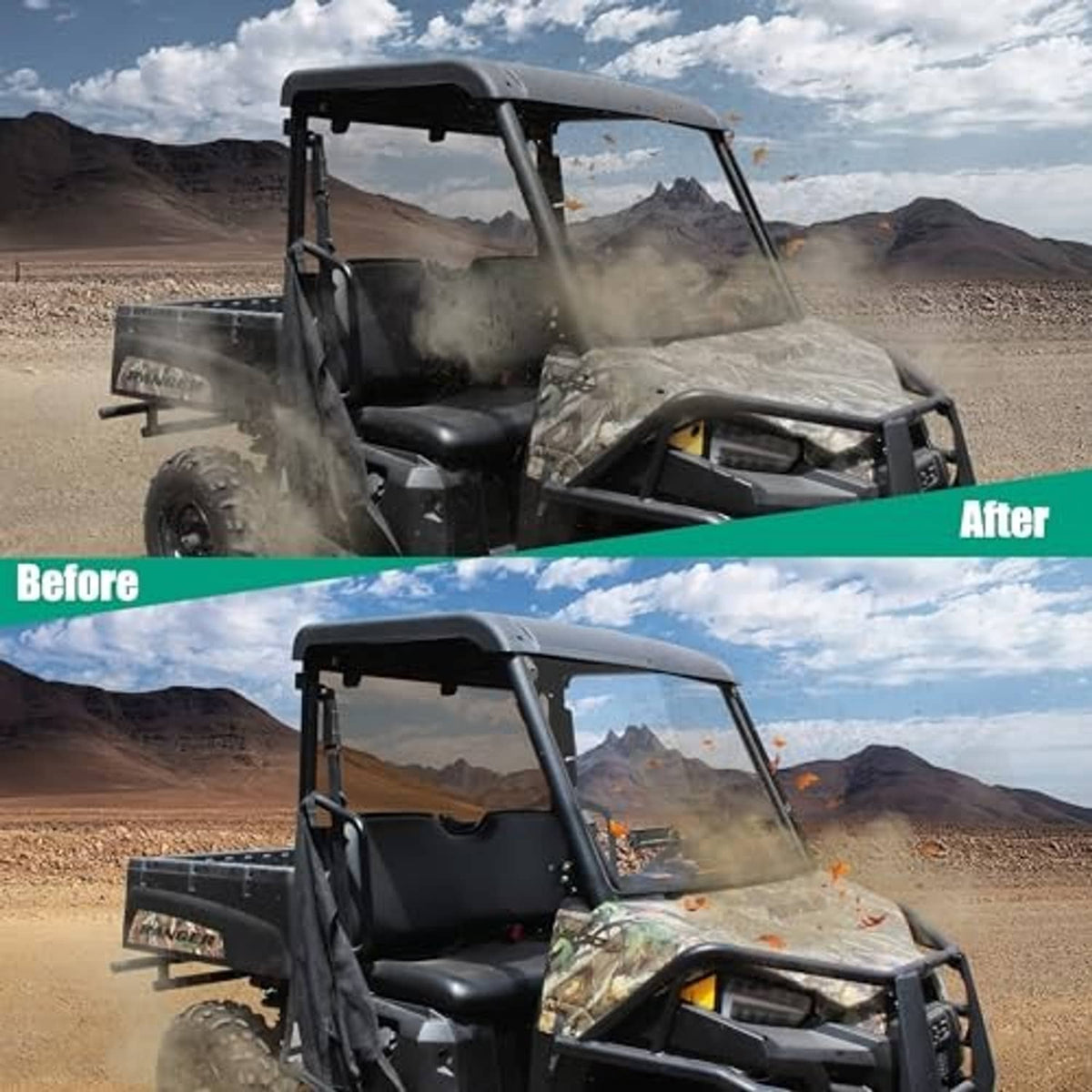 UTV with front full vented windshield, clear front panel and black support frame
