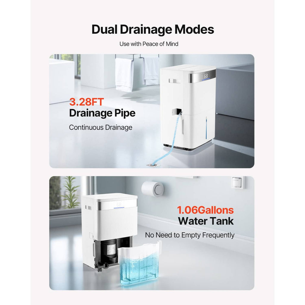 White dehumidifier with dual drainage options: pipe and water tank