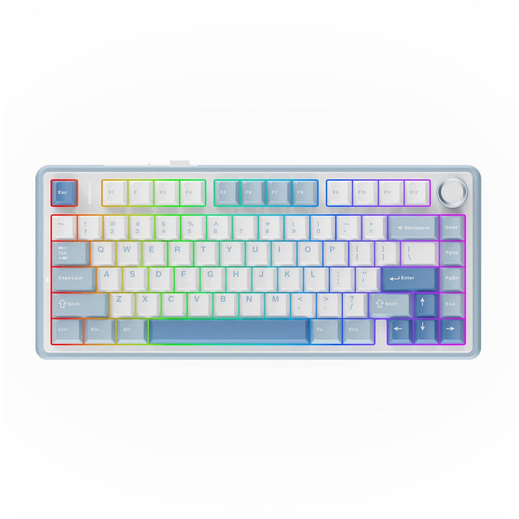 Sea salt blue mechanical keyboard with rainbow RGB keycaps and illuminated edges
