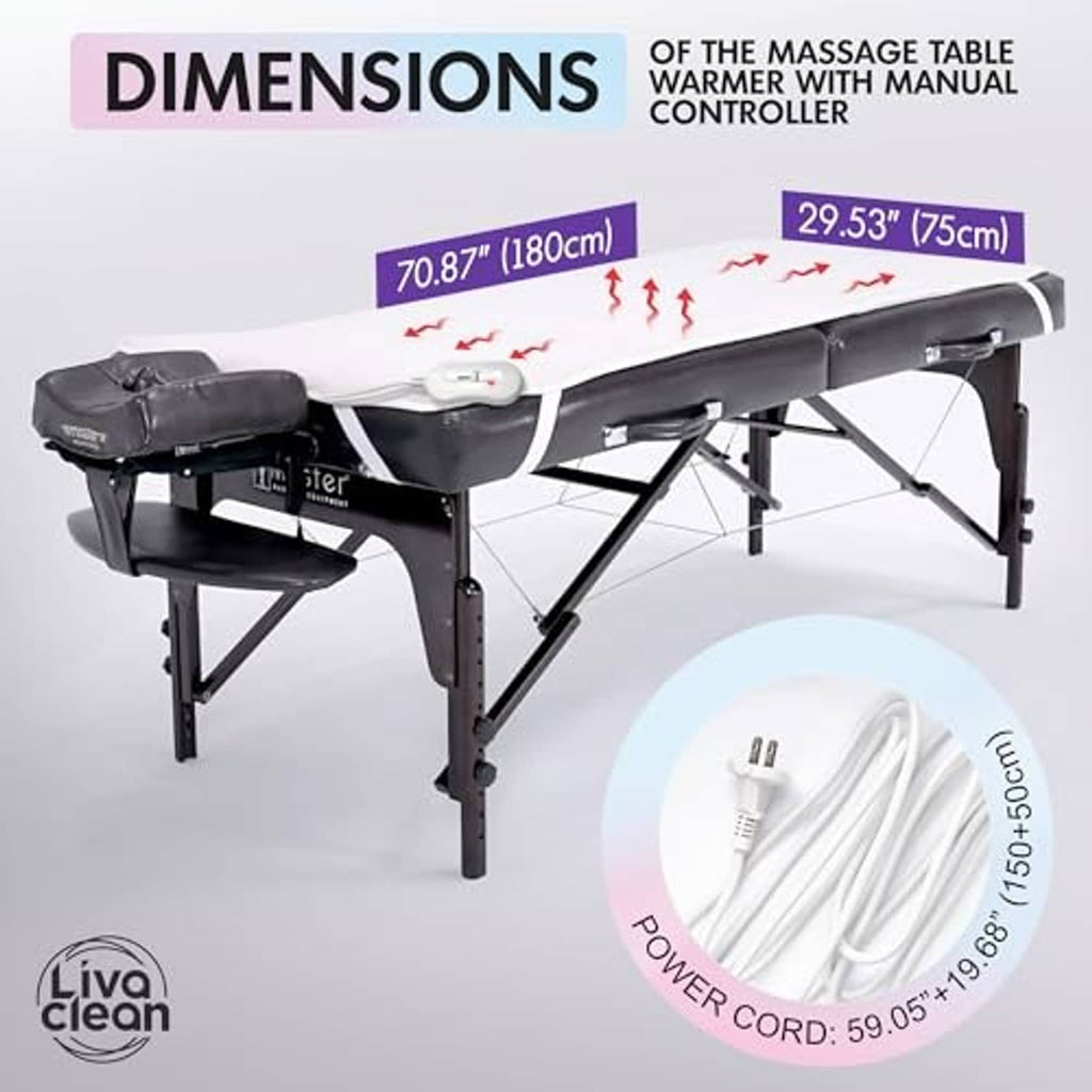 Massage table warmer on table with manual controller and white power cord