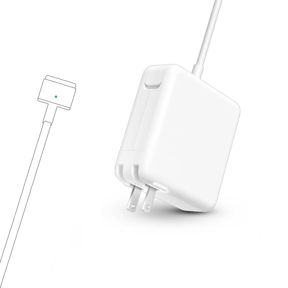 White magnetic T-tip power adapter with two-prong plug and charging cable