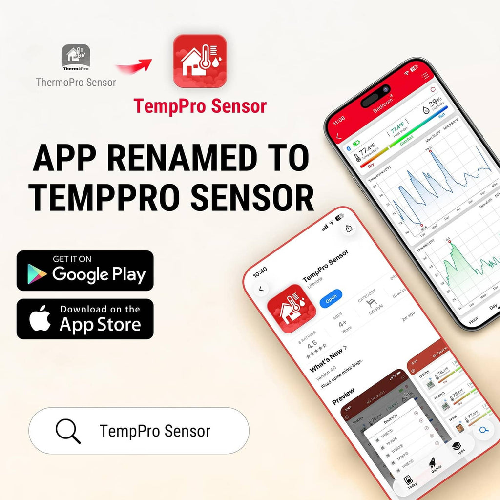 Bluetooth thermometer hygrometer with TempPro Sensor app shown on smartphone