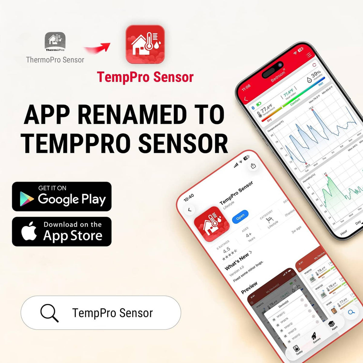 Bluetooth thermometer hygrometer with TempPro Sensor app shown on smartphone