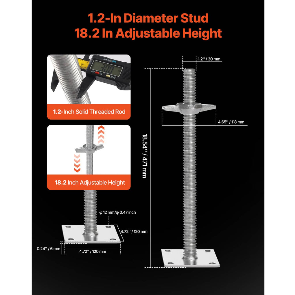 Adjustable leveling jack with threaded screw shaft and square mounting base plate