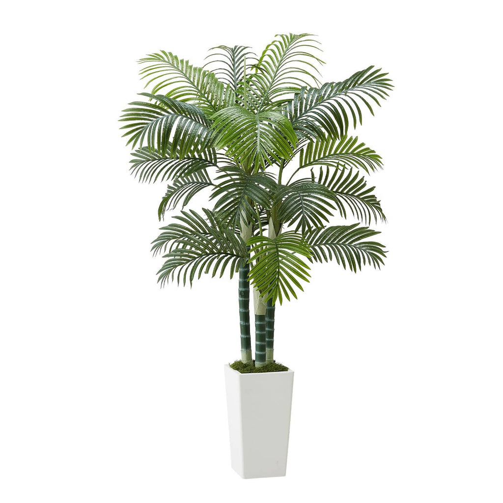 Faux areca palm tree with dense green leaf fronds and white square pot