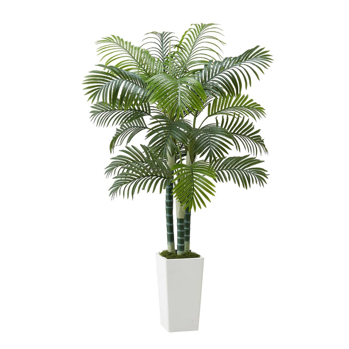 Faux areca palm tree with dense green leaf fronds and white square pot