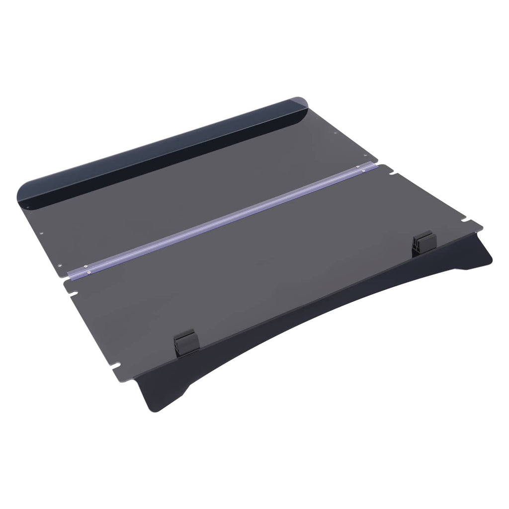 Tinted fold-down flip windshield screen, dark smoked panel with center support bar.
