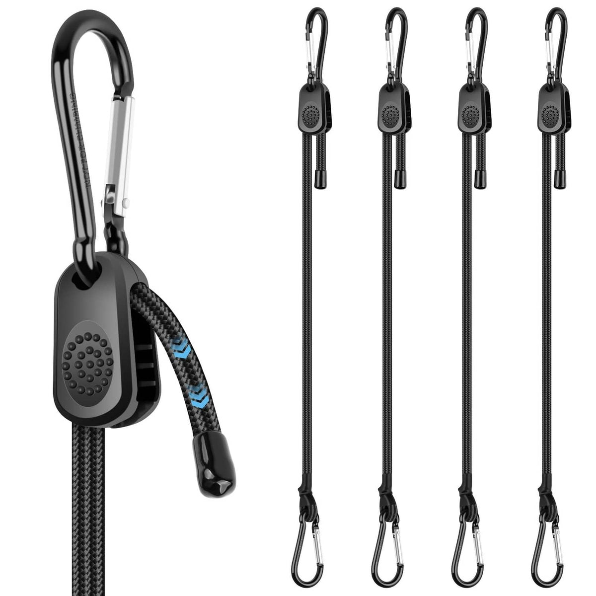 Set of 4 black adjustable bungee cords with carabiner hooks and stretchable rope