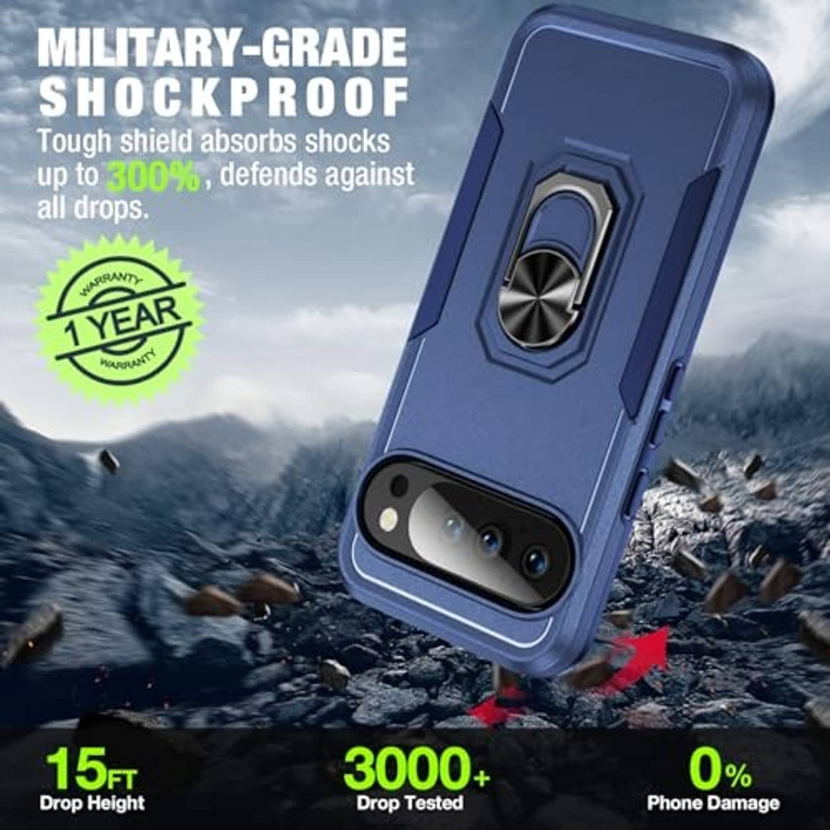 Dark blue rugged phone case with metal-look ring kickstand and camera opening.