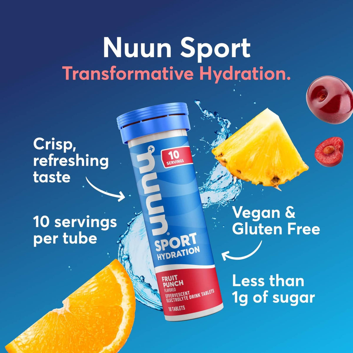 Nuun Sport fruit punch hydration tube with fruit graphics and tablets