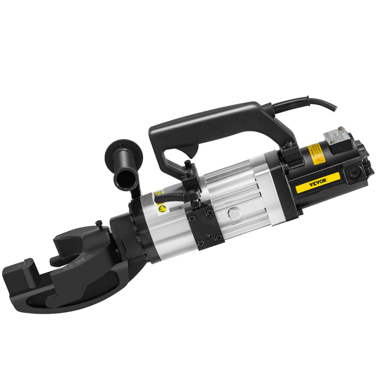 Electric rebar bender side view with power cord, black handle and silver housing