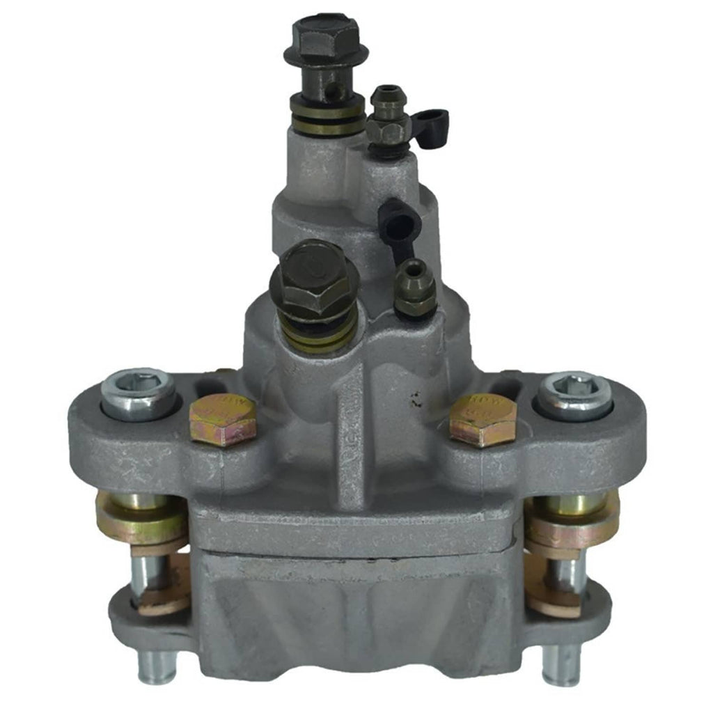 Rear brake caliper and master cylinder, front view with brake line fittings and ports