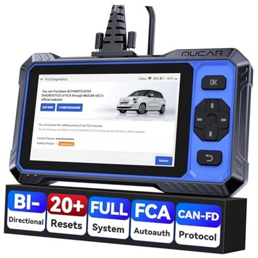 Handheld OBD2 diagnostic scanner with blue-and-black casing and touchscreen display