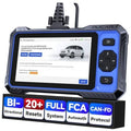 Handheld OBD2 diagnostic scanner with blue-and-black casing and touchscreen display