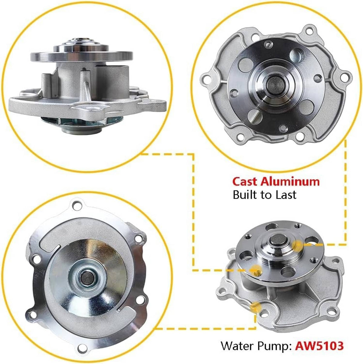 Automotive water pump with cast metal housing, impeller, and inlet outlet ports