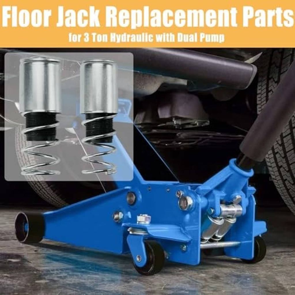 Hydraulic floor jack showing attached replacement plunger and spring assembly