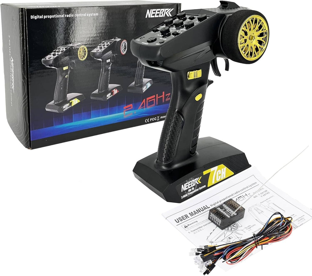 RC transmitter kit with golden wheel, receiver module, instruction sheet, and wiring