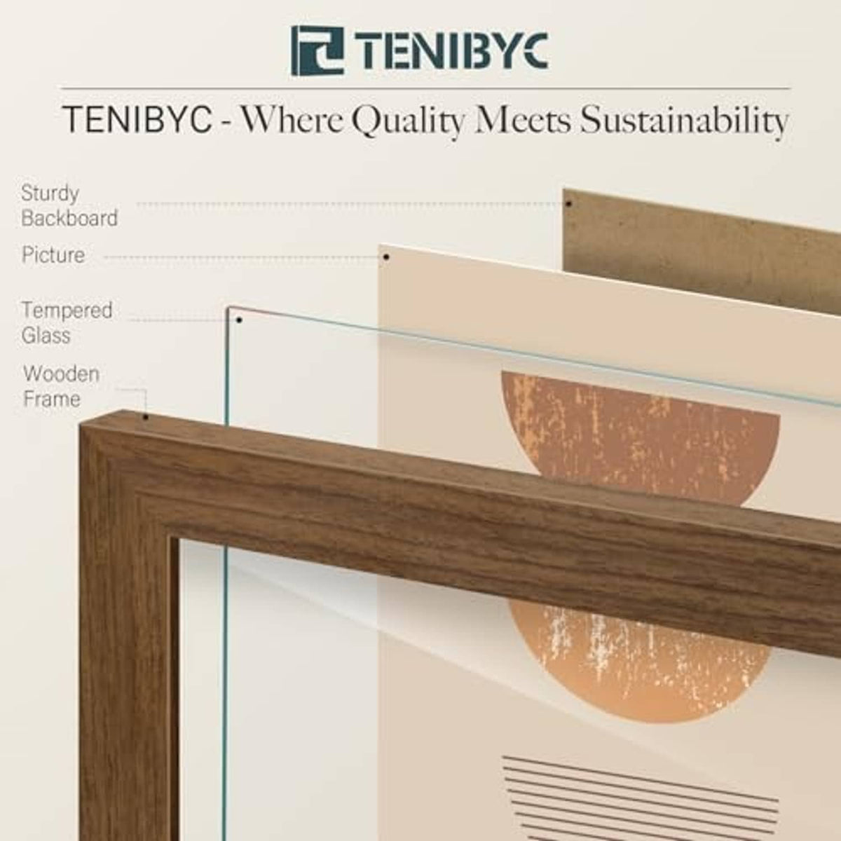 Brown woodgrain 16x20 picture frame cross-section with wooden frame and clear glass