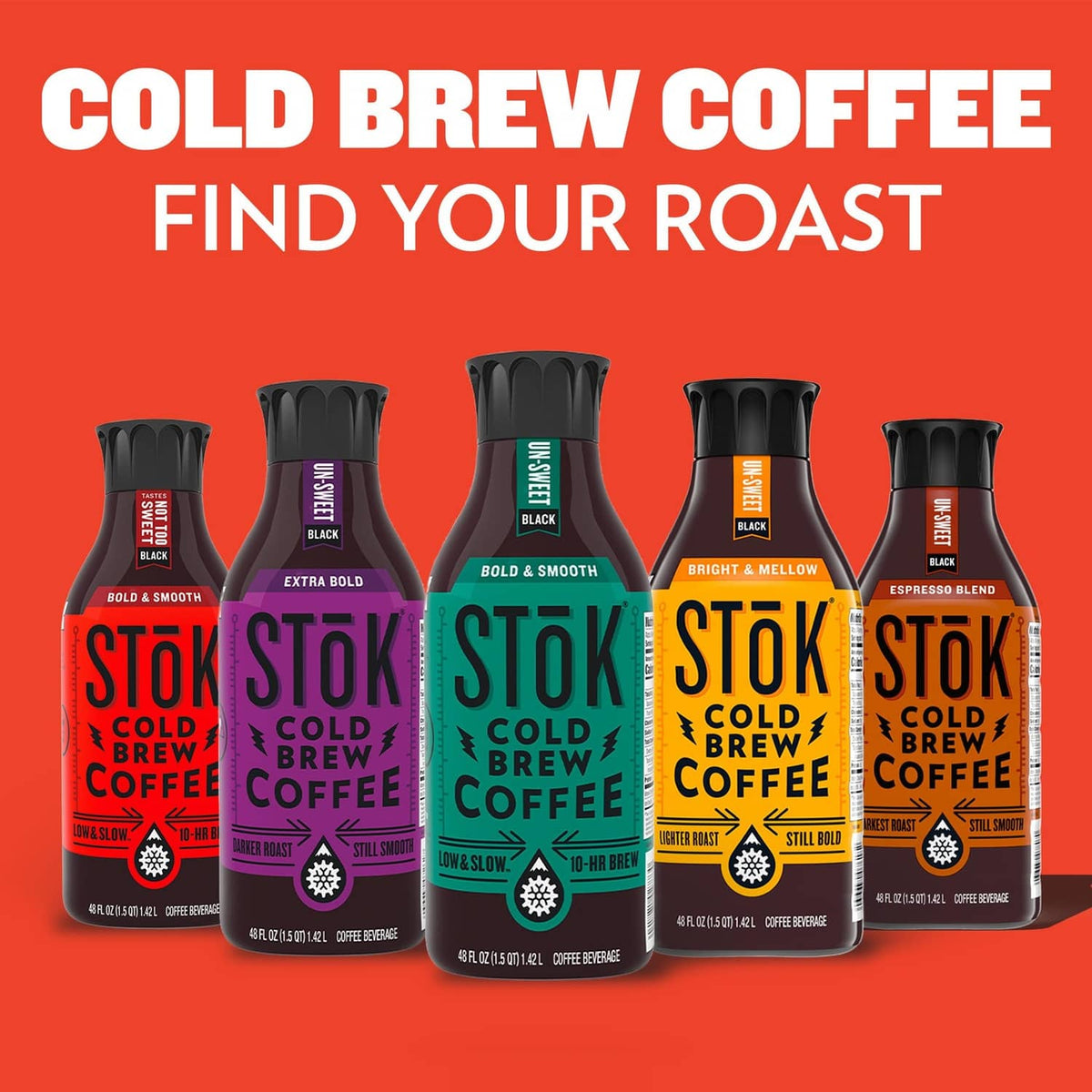 Cold brew coffee bottles lineup with bold roast labels on a red background