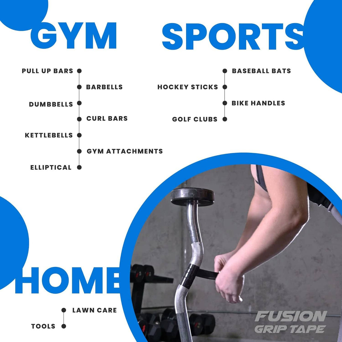 Sports equipment guide graphic featuring fusion grip tape use on various handles