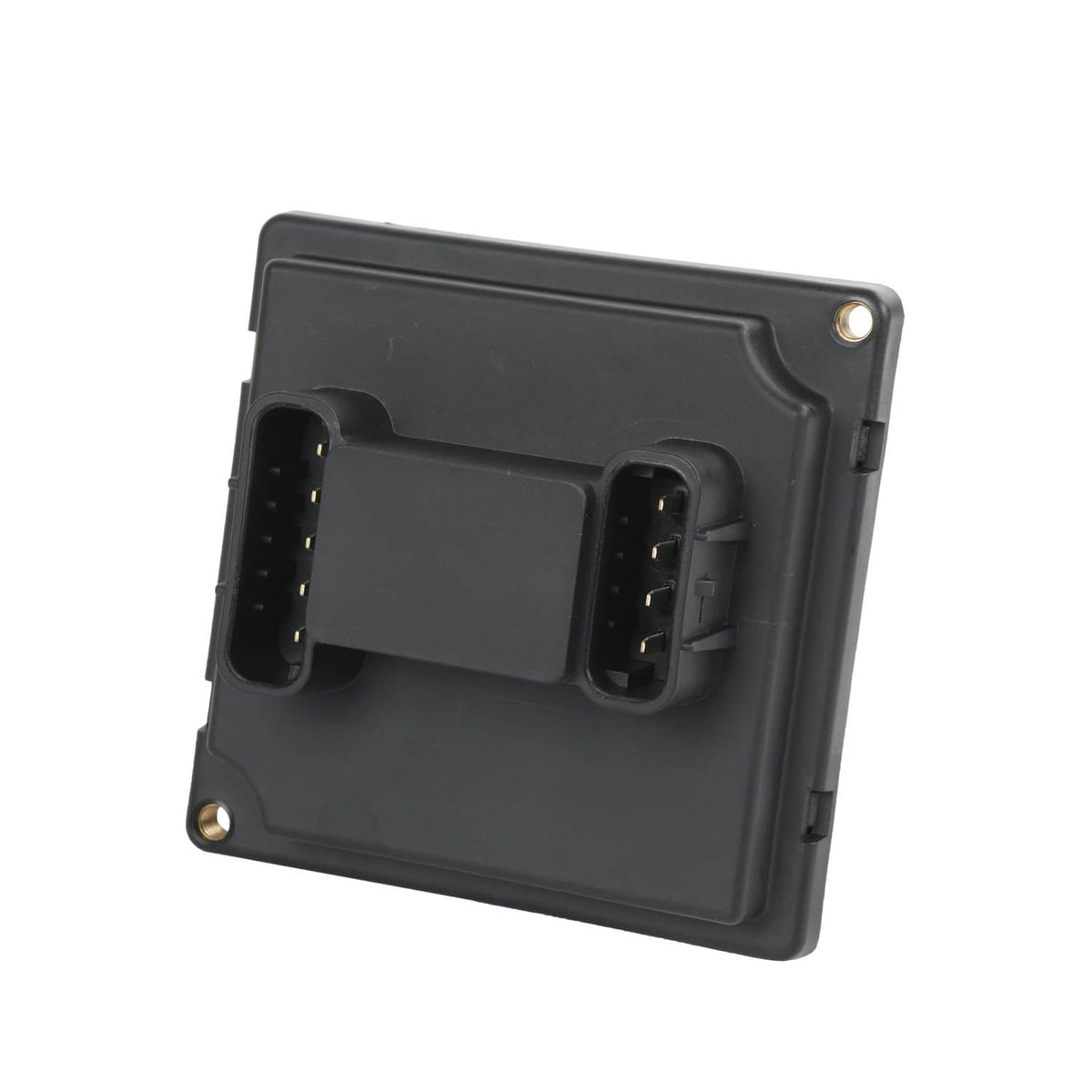 Black headlight relay module angled front view with two connector ports