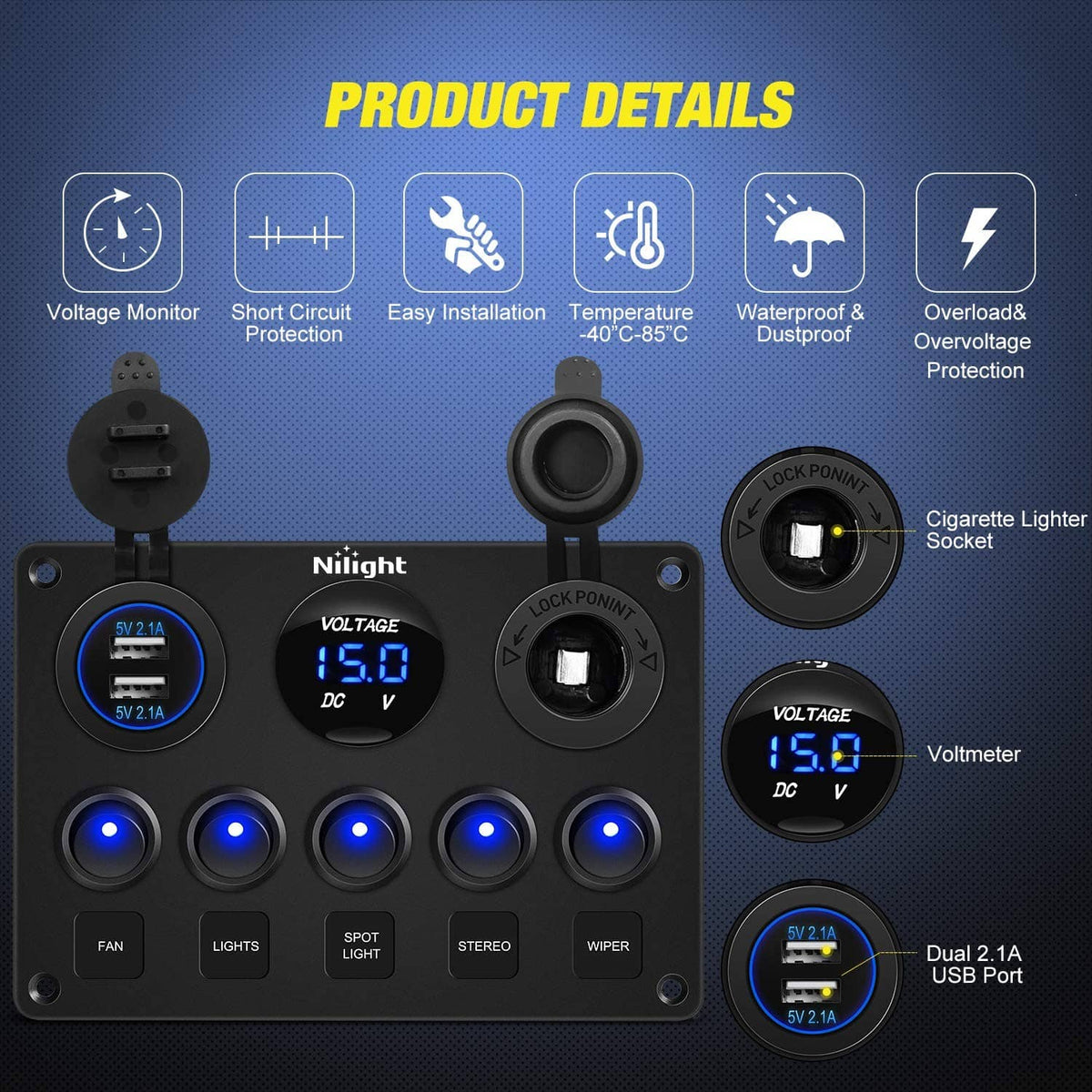 Black switch panel with voltage meter, 12V dial, and illuminated rocker buttons