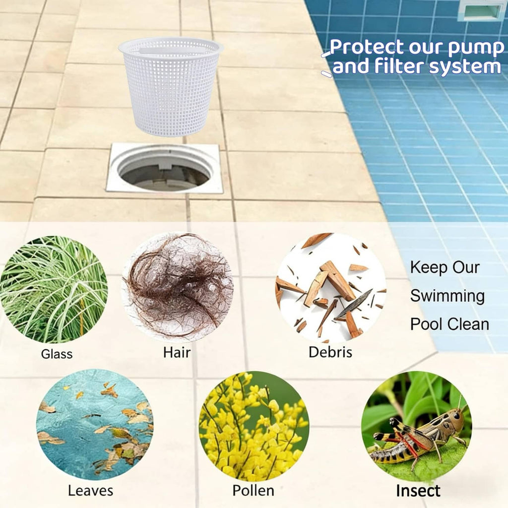 White pool skimmer basket with handle, perforated mesh cup for collecting leaves