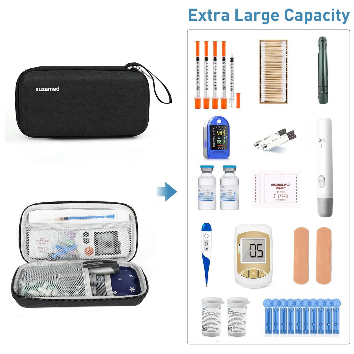 Black insulin cooler case open to show insulated compartment and mesh storage.