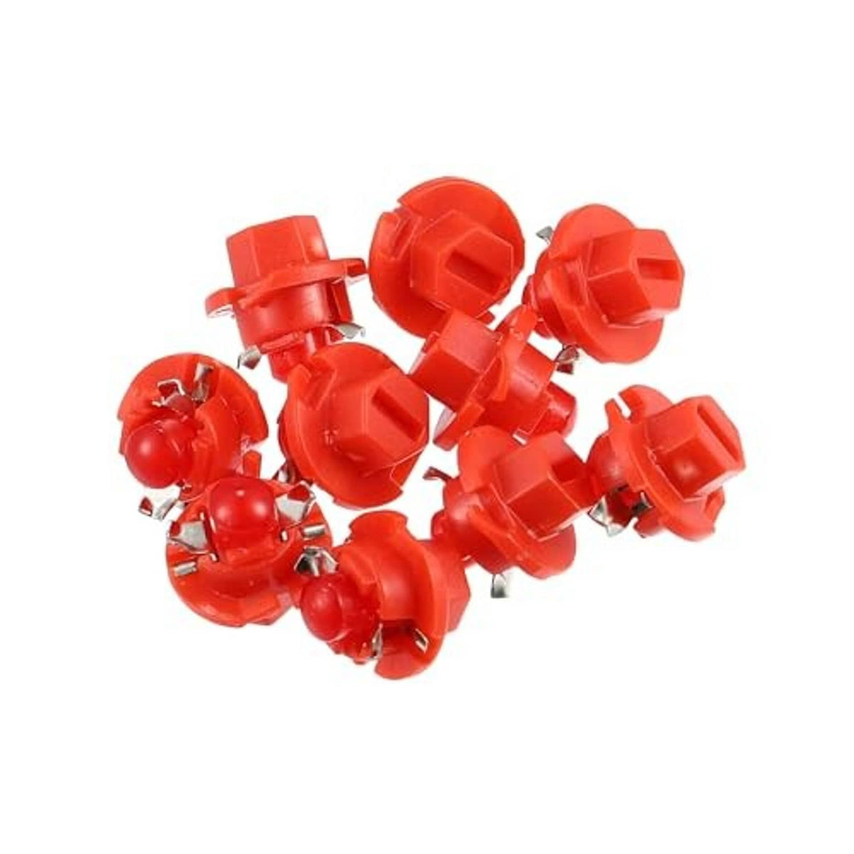 Ten red T5 B8.4D LED dashboard bulbs with silver metal side contacts